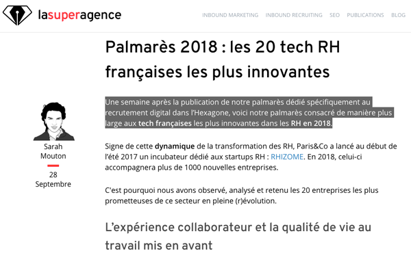 Article 2018, sur le palmarès RH Tech de la Super Agence