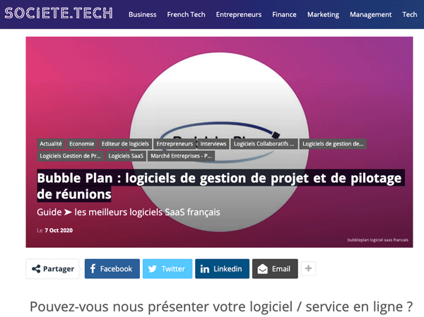 L'article autour de Bubble Plan et les startups innovantes sur le site societe.tech